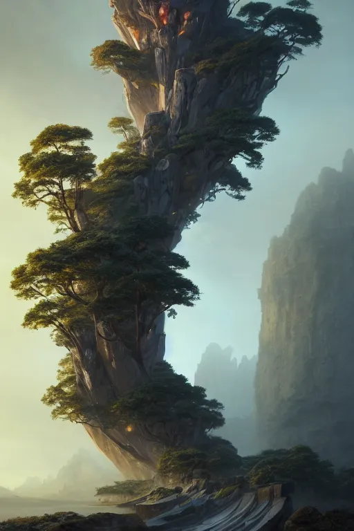 Prompt: a tall rock structure in the shape of a swirling spiral vortex, background of trees, dramatic evening lighting, hyper detailed, digital art, trending on artstation, cinematic lighting, studio quality, smooth render, octane render, art style by ruan jia and greg rutkowski and peter mohrbacher and wlop and krenz cushart