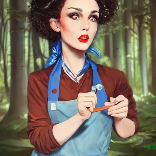 Image similar to a portrait of a 1 9 6 0 s woman with curly black hair and blue eyes, and an apron in the forest, dynamic lighting, fantasy concept art, trending on art station, stunning visuals, cinematic, ultra detailed