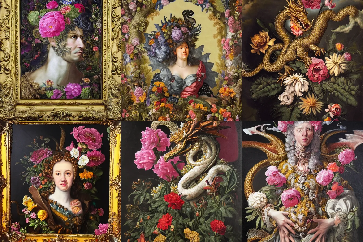 Image similar to Baroque portrait of a dragon surrounded by flowers. Highly detailed, anatomically correct, dramatic lighting, oil paint on canvas
