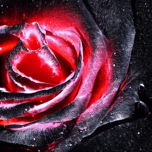 Image similar to award - winning macro of a beautiful black rose made of molten magma and nebulae on black background by harold davis, highly detailed, inner glow, trending on deviantart, artstation and flickr, nasa space photography, national geographic