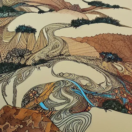 Prompt: desert landscape painting at twilight, watercolor, pen and ink, intricate lines, elegant, extreme detail, smooth, sharp focus, art by james jean