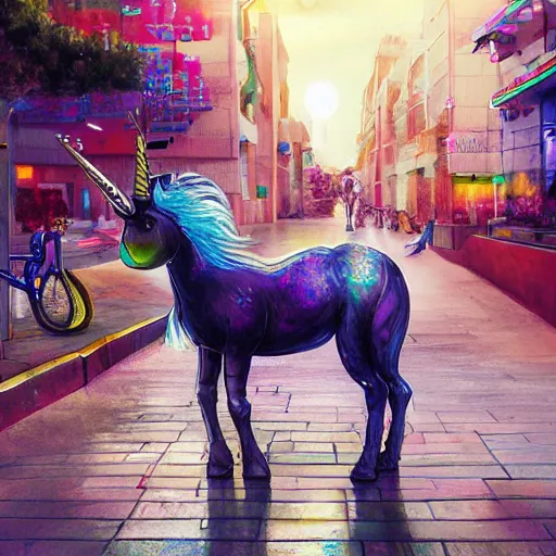 Prompt: one unicorn riding a bike in the tel aviv streets, vivid, digital art, artstation, 8 k