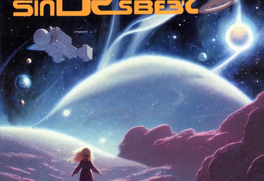 Image similar to illustrated by moebius and greg rutkowski, romantic!!! space scene!! with standing young girl!!!!, orbit of earth!, futuristic orbital station!!!!, nebulae!!, starry sky!!, rule of third!!!!, vintage cover of sci - fi magazine, cinematic!!