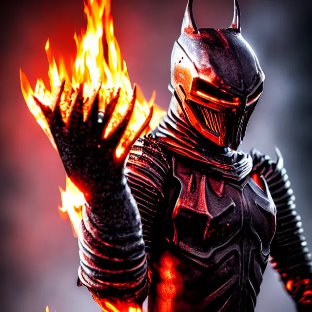 Image similar to hell knight with fire powers, highly detailed, 4 k, hdr, smooth, sharp focus, high resolution, award - winning photo, clayton crain, photorealistic