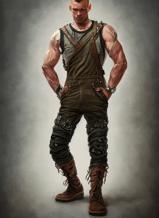 Image similar to digital _ painting _ of _ painted tank top, overalls and combat boots _ by _ filipe _ pagliuso _ and _ justin _ gerard _ symmetric _ fantasy _ highly _ detailed _ realistic _ intricate _ port