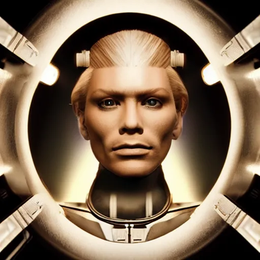 Prompt: panorama of a very pretty blond borg queen on a borg ship, cybernetic implants, perfect face, symmetrical face, moody lighting, shallow depth of field,