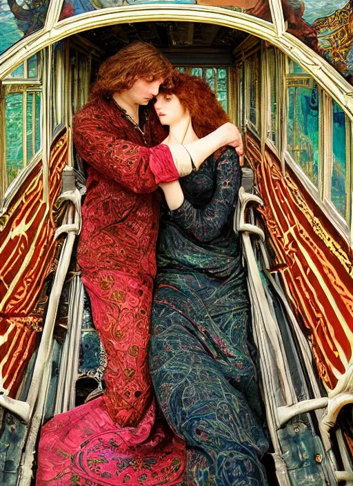 Image similar to detailed colourful masterpiece of intricate art nouveau preraphaelite photography by anne leibovitz couple portrait sat down extreme closeup, love, inside an underwater train, detailed realistic expressions, wearing unusual clothes, ultra wide angle