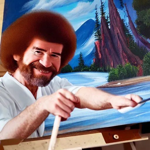 Image similar to a closeup photorealistic photograph of bob ross working on a canvas painting of mickey mouse. film still. brightly lit scene. mountains and trees. this 4 k hd image is trending on artstation, featured on behance, well - rendered, extra crisp, features intricate detail, epic composition and the style of unreal engine.