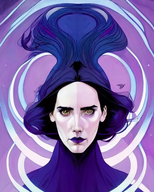 Image similar to in the style of Joshua Middleton comic art, beautiful witch spooky female, Jennifer Connelly, blue and purple glowing hair, perfect eyes perfect symmetrical eyes, symmetrical face, black magic, dark forest background, painterly style