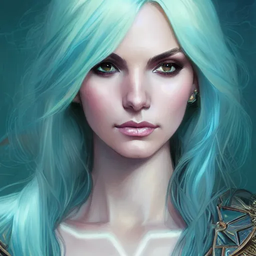 Image similar to Victoria Justice with pale skin, teal hair and green eyes as Emma Frost, western, D&D, fantasy, intricate, elegant, highly detailed, digital painting, artstation, concept art, matte, sharp focus, illustration, art by Artgerm and Greg Rutkowski and Alphonse Mucha