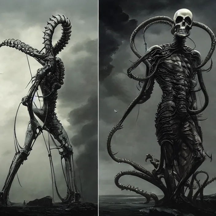 Image similar to still frame from Prometheus by Jakub Rozalski, Ossiarch Bonereaper by Wayne Barlowe by peter Mohrbacher by Giger, dressed by Alexander McQueen and by Neri Oxman, metal couture hate couture editorial