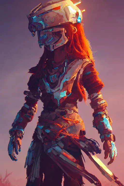 Image similar to combination suit armor aloy horizon forbidden west horizon zero dawn radiating a glowing aura global illumination ray tracing hdr fanart arstation by ian pesty and alena aenami artworks in 4 k tribal robot ninja mask helmet backpack