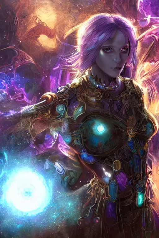 Image similar to Path of Exile, Maven, clear face, big blue eyes, straight nose, female image in shadow, with silver purple hair among colourful lights, dark blue spheres fly around, Anachronism, painting, dark fantasy, steampunk, 4k