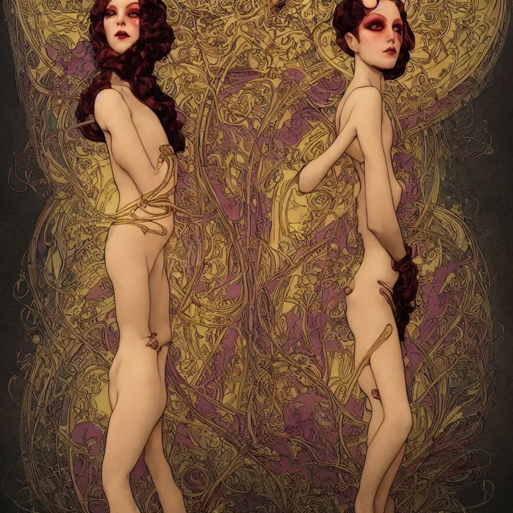 Image similar to a dramatic art nouveau panorama portrait of a malevolent and seductive alien space queen, perfectly symmetrical facial features, beautiful confident eyes, photorealism, by alphons mucha, bill sienkiewicz, geof darrow, travis charest and ralph bakshi, sensual volumetric lighting, vray render, zbrush, artstation, deviantart, the liberator