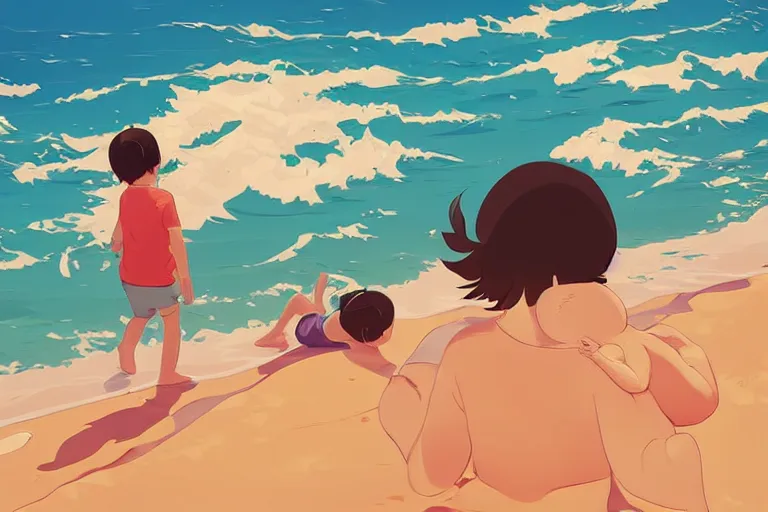 Image similar to a little boy and a little girl play at the sea beach. clean cel shaded vector art. shutterstock. behance hd by lois van baarle, artgerm, helen huang, by makoto shinkai and ilya kuvshinov, rossdraws, illustration, art by ilya kuvshinov