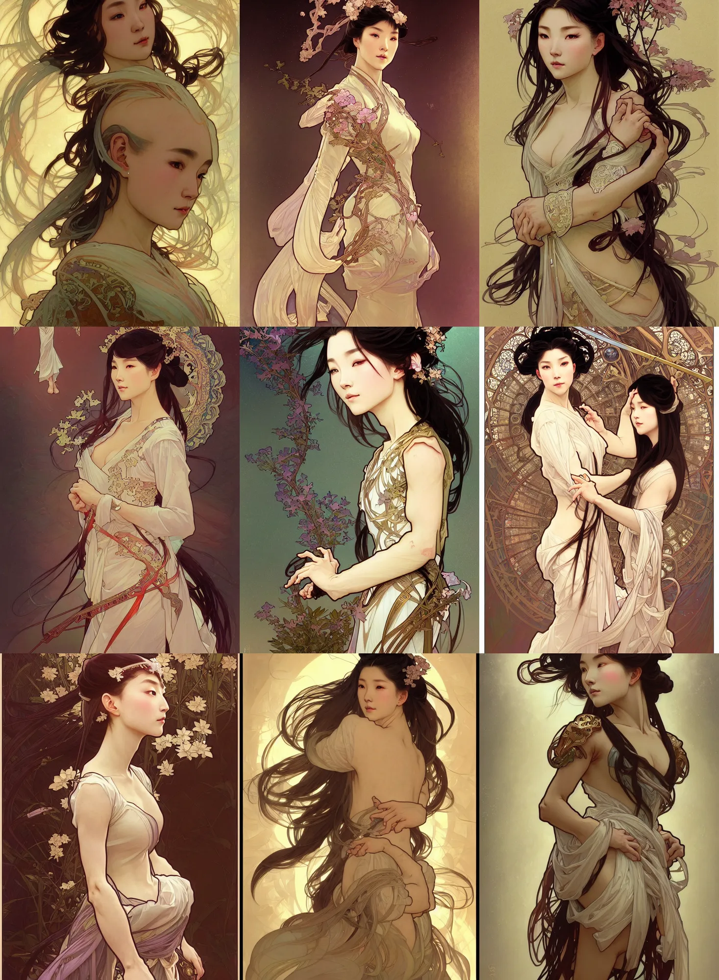 Prompt: a digital concept ar by artgerm and greg rutkowski and alphonse mucha. clear portrait of a lonely attractive woman in uniform of tang dynasty!! tang dynasty book, light effect. hyper detailed, character concept, full body!! dynamic pose, glowing lights!! intricate, elegant, highly detailed, digital painting, artstation, concept art, smooth, sharp focus, illustration