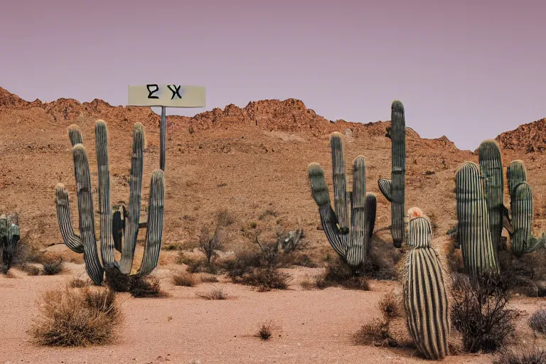 Image similar to photography of a building with alot of cactus in desert with a sign of warning, 4k, detailed