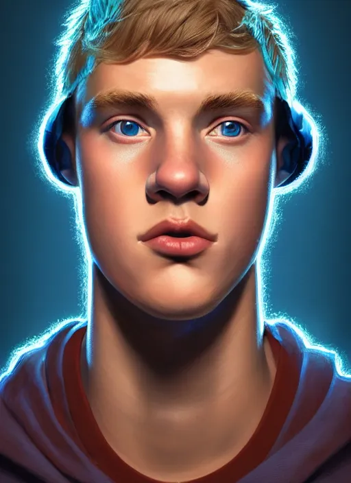 Image similar to portrait of high school senior boy named big moose, blonde short hair, jock, beefy, wide face, square jaw, square facial structure, blue varsity jacket with letter r, intricate, elegant, glowing lights, highly detailed, digital painting, artstation, concept art, sharp focus, illustration, art by wlop, mars ravelo and greg rutkowski