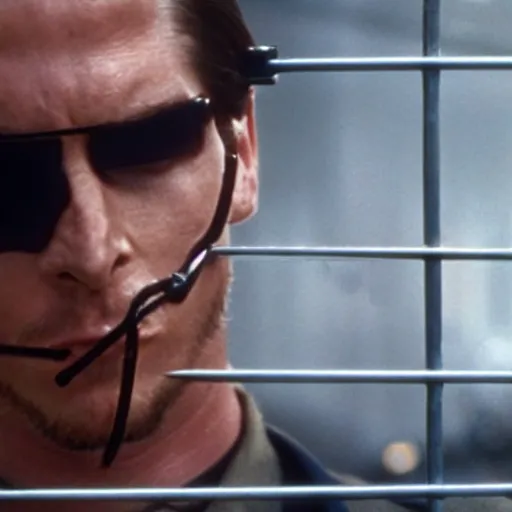 Prompt: close - up of christian bale as a liquid metal police officer passing through iron bars, terminator 2, film still, 1 9 9 1, hd, 8 k