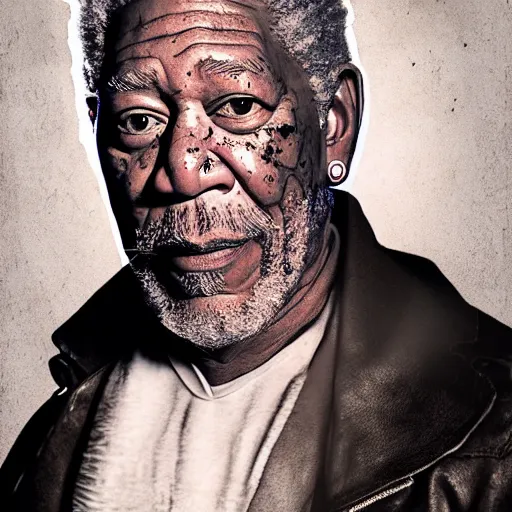Image similar to photo of Morgan Freeman dressed as Negan, mischievous look with his barbed baseball bat Lucille, in the style of George Hurrell, white fog, octane render