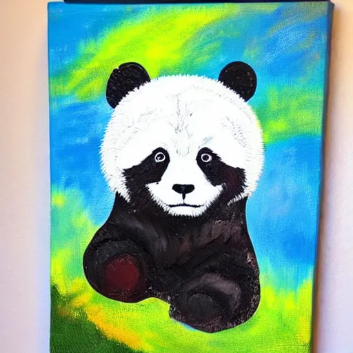 Image similar to beautiful acrylic! impasto! painting of a sad, crying panda bear on a playground swing