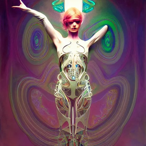 Image similar to psychedelic organic cyborg ballet, white holographic plastic, dramatic lighting, fantasy, intricate, elegant, highly detailed, lifelike, photorealistic, digital painting, artstation, illustration, smooth, sharp focus, art by john collier and albert aublet and krenz cushart and artem demura and alphonse mucha