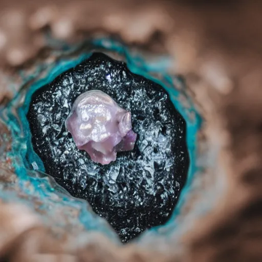 Image similar to photography of a geode with a a small body of an alien skellet inside it