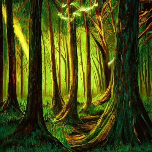 Prompt: enchanted forest with intricate details and tons of big trees. deep illumination and beautiful use of light and shadow to create a sense of depth and movement. using energetic brushwork and a limited color palette. light angle left at 4 5 degrees.