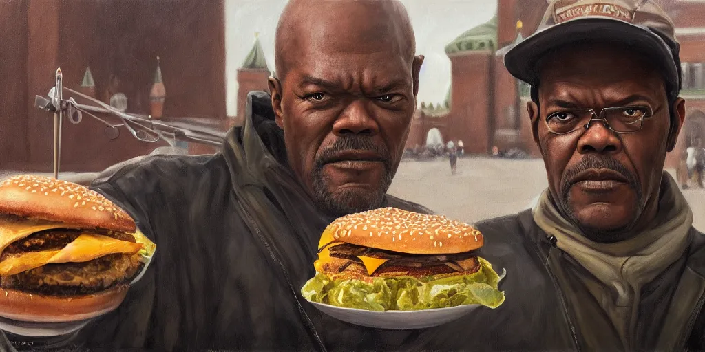 Prompt: highly detailed portrait painting of samuel l jackson eating burger sitting on square near moscow kremlin, balalaika, perfect symmetrical eyes, by eddie mendoza and tyler edlin, 8 k resolution
