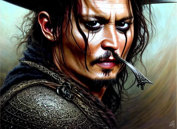 Image similar to wideangle!! portrait shot of johnny depp in the lord of the rings, intricate, elegant, highly detailed, centered, digital painting, artstation, concept art, smooth, sharp focus, illustration, artgerm, tomasz alen kopera, peter mohrbacher, donato giancola, joseph christian leyendecker, wlop, boris vallejo