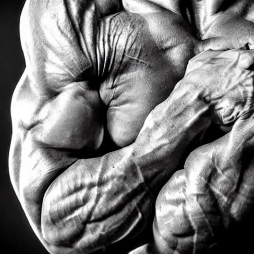 Prompt: huge muscles bodybuilder in the style of a newborn baby, genetically engineered, rippling muscles, huge veins, bulging muscles, ripped, flexing, intense expression, award winning photography, high detail