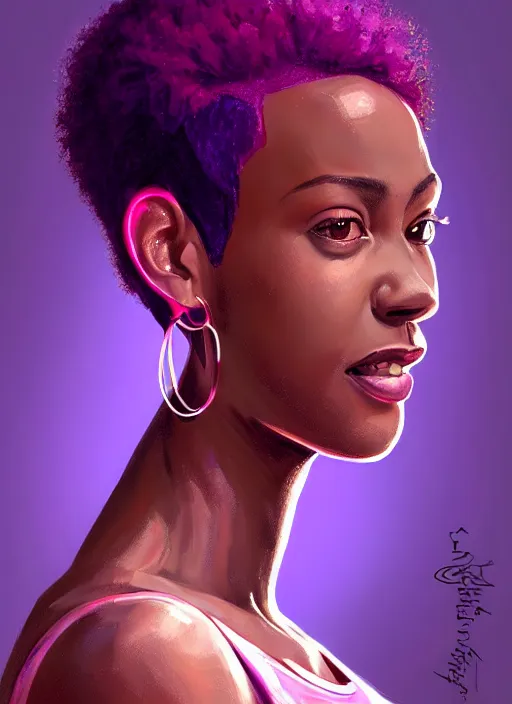 Image similar to portrait of toni topaz, black teenage girl, pink curly pixie cut hair, purple cap, hoop earrings, subtle confident smile, intricate, elegant, glowing lights, highly detailed, digital painting, artstation, concept art, sharp focus, illustration, art by wlop, mars ravelo and greg rutkowski