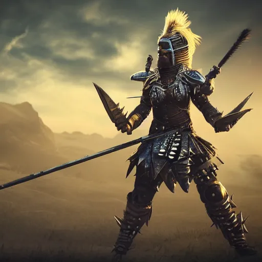 Image similar to female warrior with spiky armour with a mace, highly detailed, dramatic lighting, cinematic, 4k