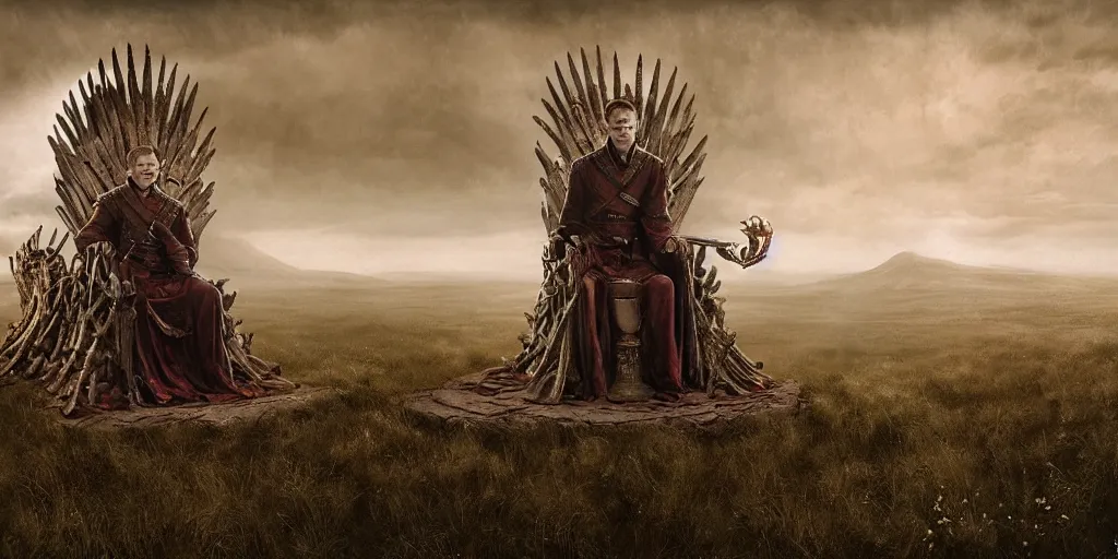 Image similar to Jack Gleeson as King Joffrey Baratheon sitting on the Iron Throne, Les Edwards, Zdzislaw Beksinski, Carl Gustav Carus, John Harris, Michal Karcz, Zhang Kechun, Mikko Lagerstedt, Scott Listfield, Steven Outram, Jessica Rossier