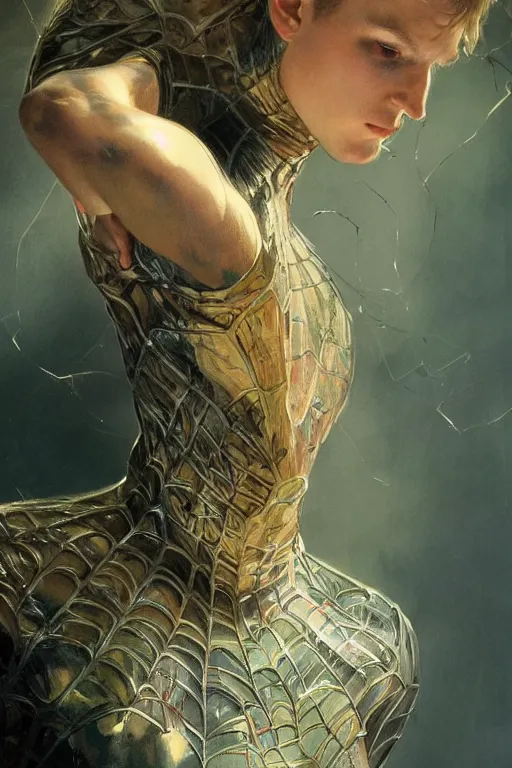 Image similar to spiderman, diffuse lighting, fantasy, intricate, elegant, highly detailed, lifelike, photorealistic, digital painting, artstation, illustration, concept art, smooth, sharp focus, art by john collier and albert aublet and krenz cushart and artem demura and alphonse mucha