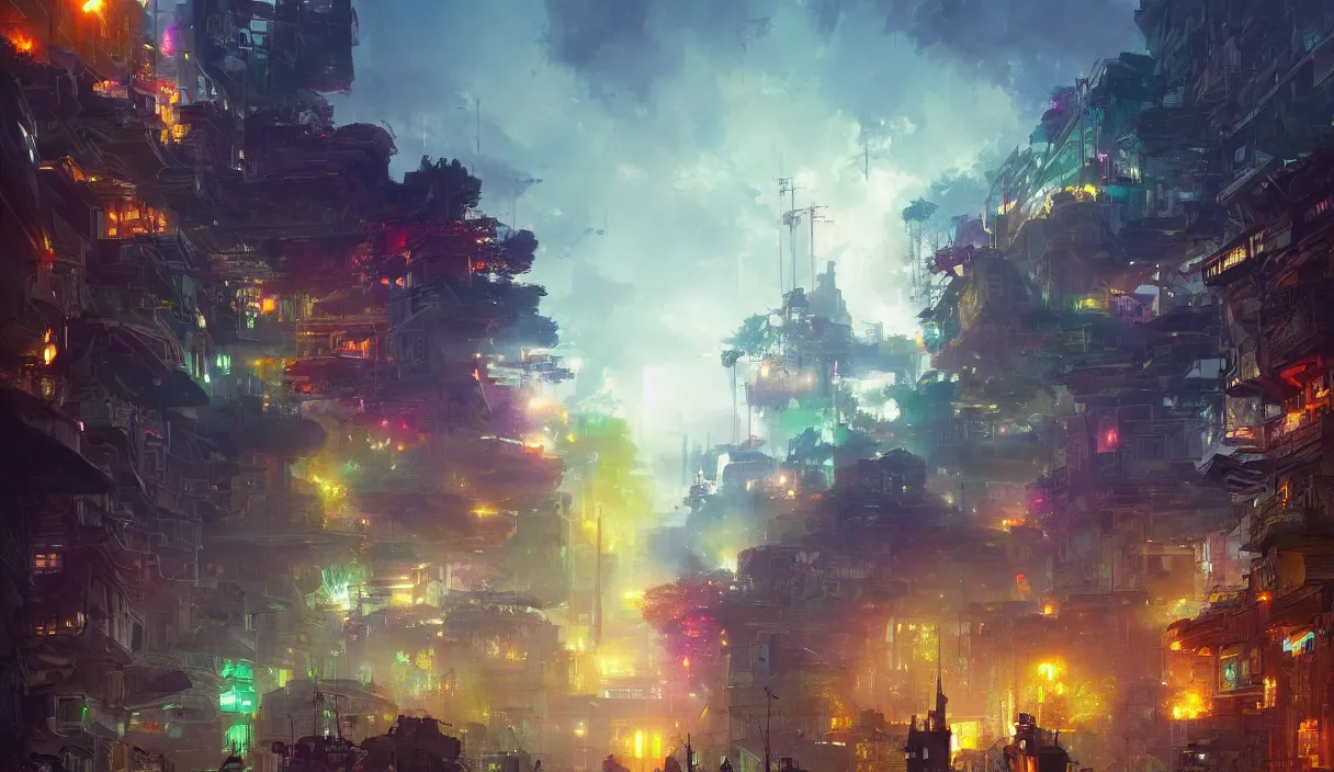 Image similar to digital illustration of a bright solarpunk city by greg rutkowski and jmw turner, colorful trees, beautiful plants and colorful flowers, puffy clouds and azure sky, 1 3 mm film, trending on artstation