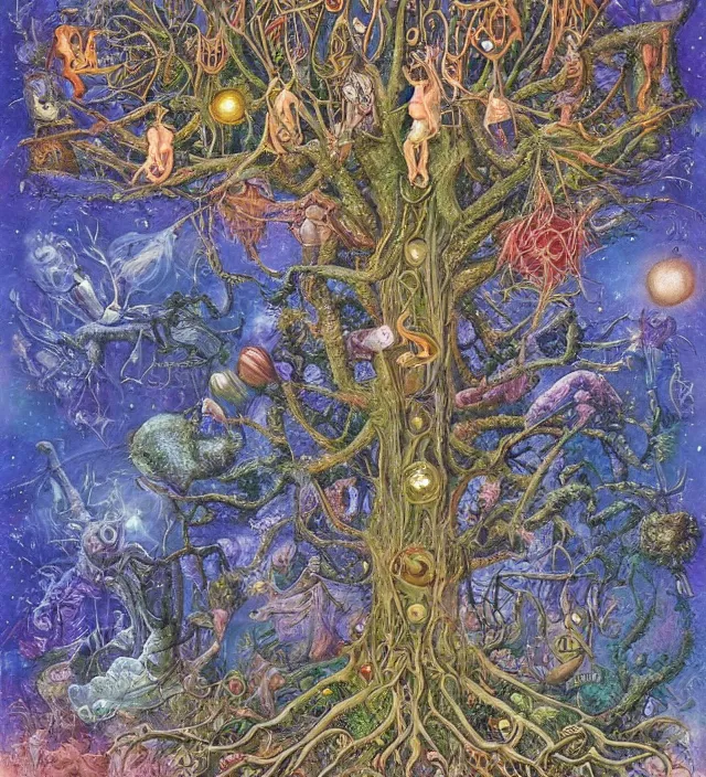 Prompt: aliens grow humans from the cosmic tree of life, whilst it absorbs all galactical and masonic energy fields, by daniel merriam, deep and rich colours,