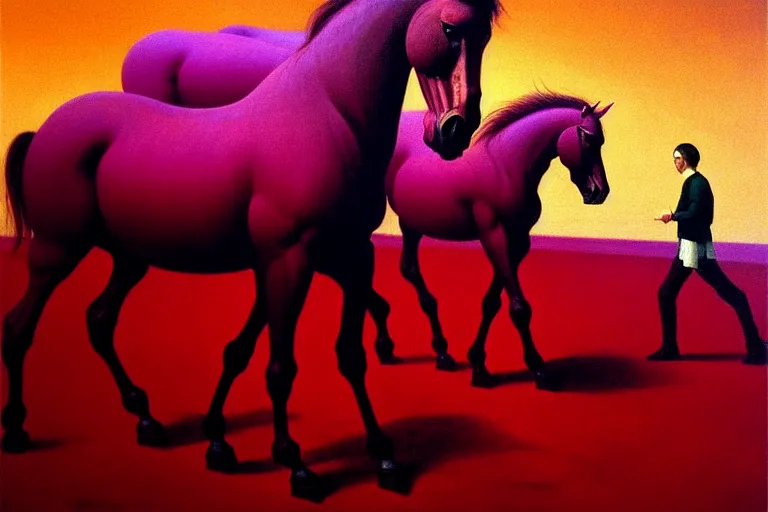 Prompt: a purple horses, in the style of beksinski, parts by edward hopper, parts by rodcenko, parts by yue minjun, intricate and epic composition, red by davinci, insanely quality, highly detailed, masterpiece, red light, artstation, 4 k