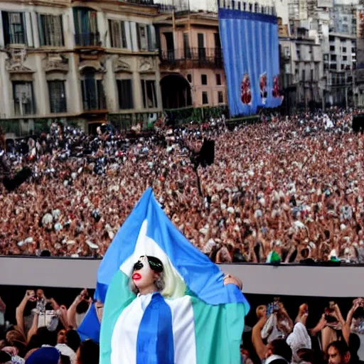 Image similar to Lady Gaga as Evita, Argentina presidential rally, Argentine flags behind, bokeh, epic photo, detailed face, Argentina