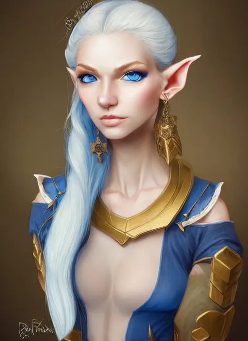 Prompt: bust portait of beautiful elf lady, white skin, blue eyes, golden hair, single long tied ponytail, serious look, sleeveless turtle neck sweater, earrings, highly detailed, high fantasy, smooth, sharp focus, digital illustration, by rossdraws, frank franzzeta, artgerm