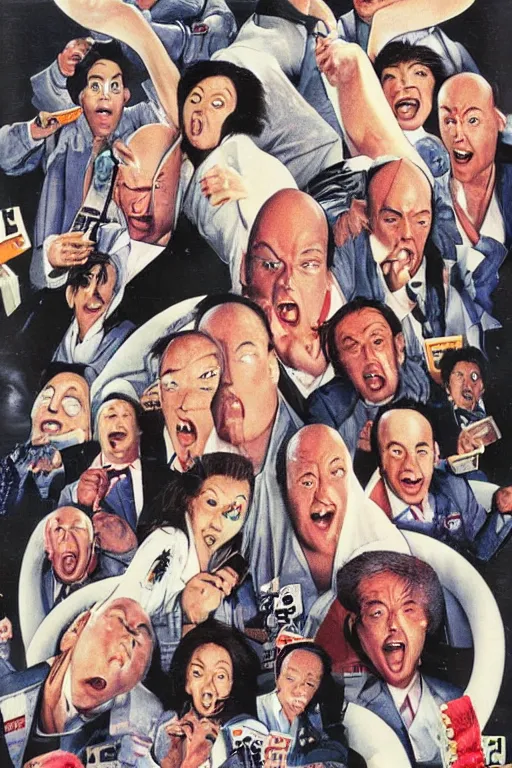 Image similar to coneheads, japanese vhs cover art, detailed facial expressions