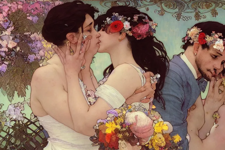 Image similar to the groom kisses the bride at a wedding full of flowers, bright and happy, dreamlike art, highly detail, 4 k realistic, wedding photoy krenz cushart. artem demura. alphonse mucha. yoji shinkawa artgerm. jon lothian. danilo torres. adi meyers. thomas reimann. gaston bussiere.