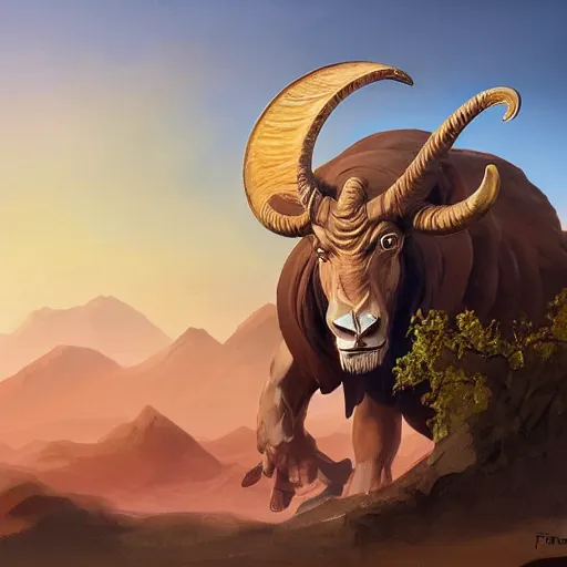 Image similar to ram caught with its horn in a bush. Desert mountain background. Sunrise. digital painting, by Frank Frazetta and Yusuke Murata, concept art, highly detailed, promotional art, HD, digital painting, trending on ArtStation, golden ratio, rule of thirds