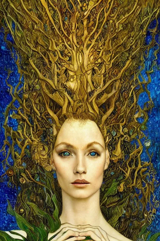 Image similar to Nature by Karol Bak, Jean Deville, Gustav Klimt, and Vincent Van Gogh, beautiful organic portrait, visionary, hair made of trees, verdant, life, botanicals, otherworldly, fractal structures, ornate gilded medieval icon, third eye, spirals