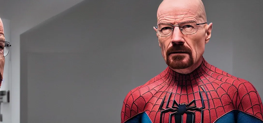 Image similar to Walter White as Spider-Man, film still, wide-shot, full shot, cinematic lens, heroic portrait