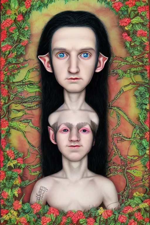 Image similar to multicolor drawing of elf boy with long black hair by mark ryden created at modern world in 4 k ultra high resolution