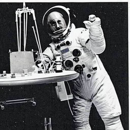 Image similar to old photograph of an astronaut in a futurist lab doing occult experiments on an alien