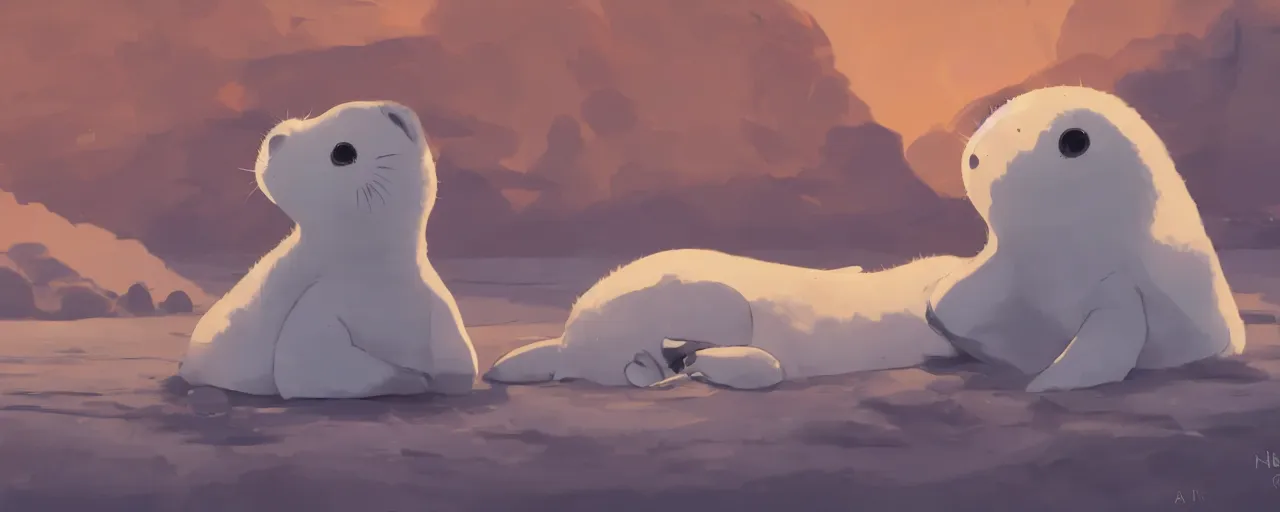 Image similar to a baby harp seal skeleton on the bank of a tropical river, atey ghailan, goro fujita, studio ghibli, rim light, dark lighting, clear focus, very coherent