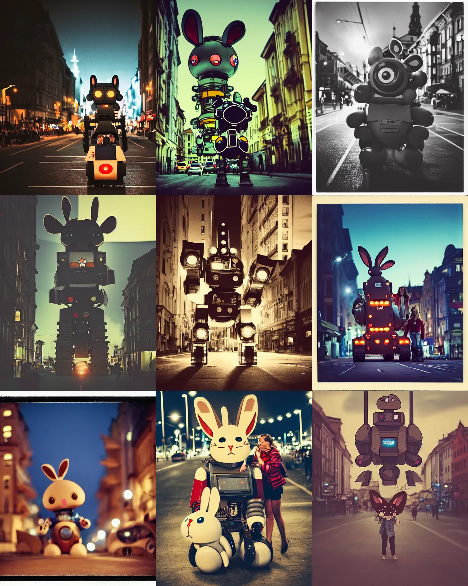 Prompt: legnica!! epic pose!!! googly eyed giant oversized battle rabbit robot chubby mech baby sport vehicle double decker with giant oversized ears and cute rabbit babies , in legnica nighttime , full body , Cinematic focus, Polaroid photo, vintage , nighttime dark, neutral dull colors, city lights bokeh , sunset backlight , by oleg oprisco , by national archives, by discovery channel, by victor enrich , by gregory crewdson