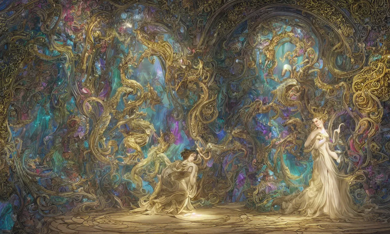 Prompt: a luminous springtime fairytale of an iridescent magical dragon playing the harp in the romantic courtyard of a baroque white marble cathedral with stained glass windows. Neon light, masterpiece 4k digital illustration by Ruan Jia, award winning, Artstation, Gustave Dore' background, intricate details, realistic, panoramic view, volumetric lighting, Hyperdetailed, 8k resolution, intricate art nouveau, golden hour, rendered in Unreal Engine 3